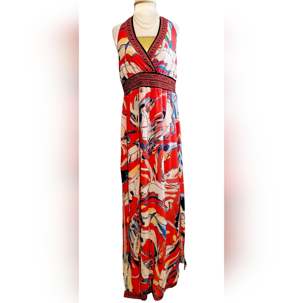 Kiki Larue Multicolor Tropical Empire Waist Halter Maxi Dress with Side Slit